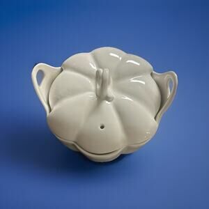 Crate and Barrel Pumpkin Tureen White Serving Dish Lid Thanksgiving Halloween